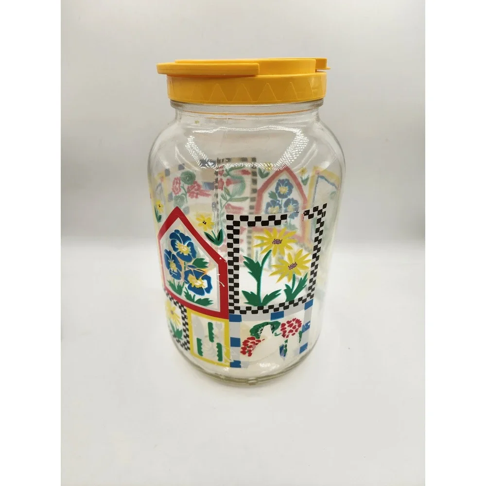 Vintage Floral Glass Sun Tea Jug Water Dispenser Spigot Yellow Lid